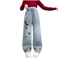 thumbnail image 1 of ZACPNCV Teen Youth Casual Wide Leg Jean Pants for Girls Put On Denim Pants Bow Embroidery Trouser Girl Clothing Blue 11-12 Years, 1 of 9