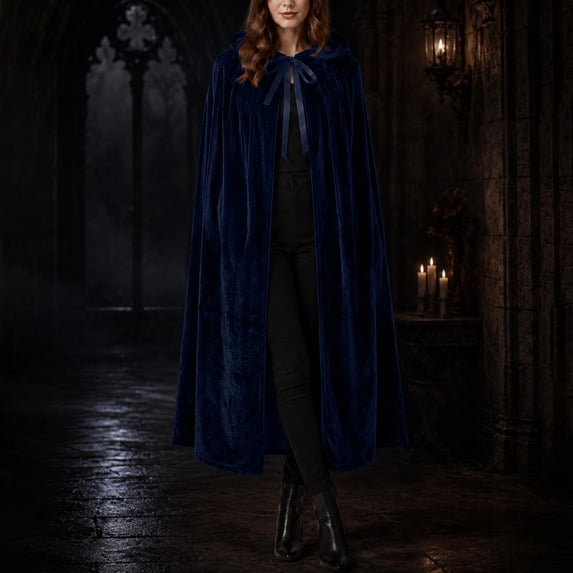 ZACPNCV Thick Velvet Medieval Cloak Cape for Women Solid Color Hooded Role Play Cloak Renaissance Full Length Lace-Up Velour Robe Navy