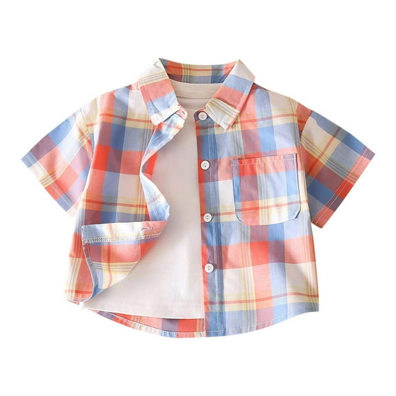 ZACPNCV Toddler Baby Boys Girls Plaid Shirts Baby Short Sleeve Lapel Collar Button Down Shirt Kids Casual Outwear Clothes Blue 1-2 Years