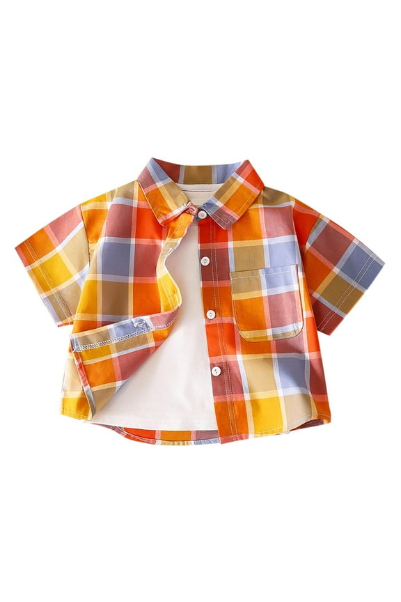 Toddler Baby Boys Girls Plaid Shirts Baby Short Sleeve Lapel Collar Button Down Shirt Kids Casual Outwear Clothes Orange 10-11 Years