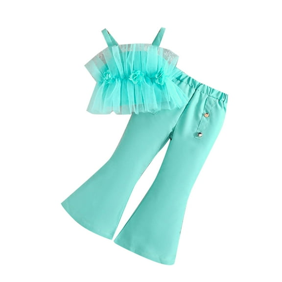 ZACPNCV Toddler Baby Girl Clothes Smocked Camisole Ruffle Sleeveless Top and Pants Summer Girls Outfits Kids Clothing Set Green 3-4 Years