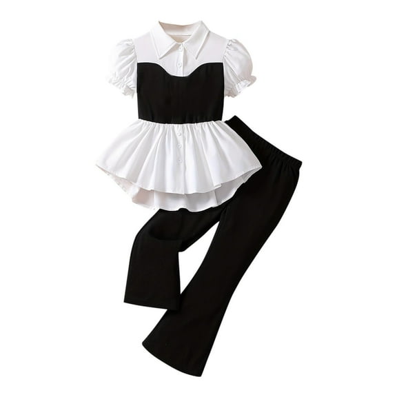 ZACPNCV Toddler Baby Girl Summer Clothes Fake-Two Puff Sleeve Lapel Collar Shirt and Long Pants 2 Piece Outfits Set Black 7-8 Years