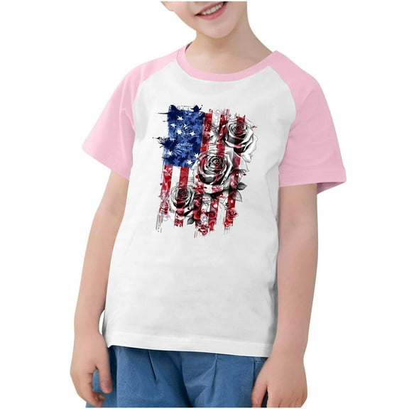 ZACPNCV Toddler Boys 4th of July Shirts Kids Flag T-Shirt Girls Patriotic Short Sleeve Tees Cotton Top Clothes Pink 5-6 Years