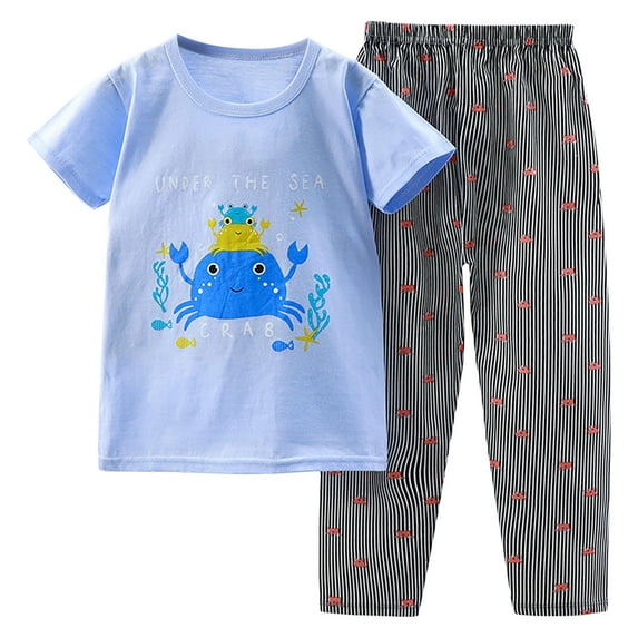 ZACPNCV Toddler Boys Summer Clothes Casual Clothing Suit Cartoon Print Short Sleeve T-Shirt and Pants Sky Blue 7-8 Years