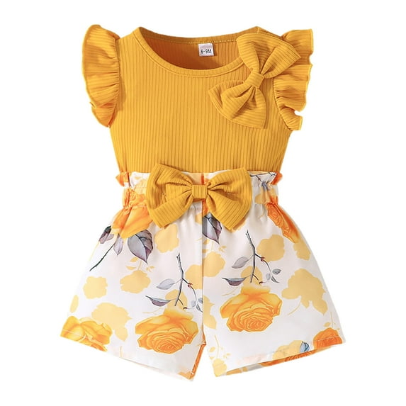 ZACPNCV Toddler Girl Short Set Summer Clothes Cotton Short Sleeve Top and Shorts Outfit Yellow 18-24 Months