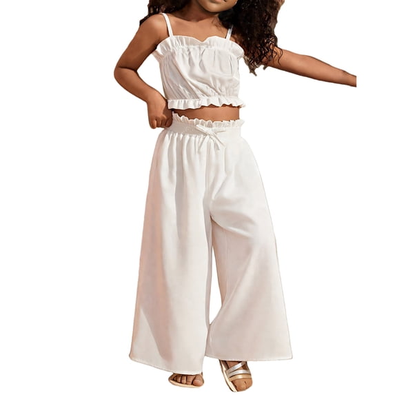 ZACPNCV Toddler Girls Clothes Solid Color Striped Sleeveless Camisole Ruffled Crop Top Pants Set Summer 2 Piece Outfits White 3-4 Years