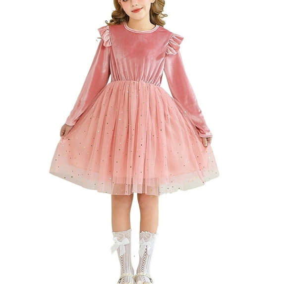 ZACPNCV Toddler Girls Dress Long Sleeve Velvet Kids Tulle Tutu Birthday Tea Party Princess Dresses Pink 8-9 Years
