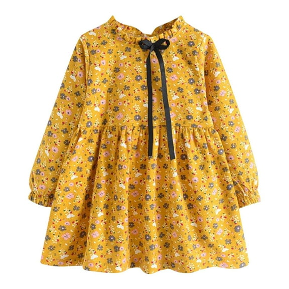 ZACPNCV Toddler Girls Dresses Long Sleeve 2-14year Children's And Girls' Fashionable Floral Pleated Lace UpRound Neck Dress Yellow