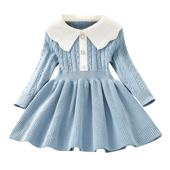 ZACPNCV Toddler Girls Fall Dress Long Sleeve Ruffles Ribbed Casual Birthday Party Outfits Dresses Light Blue 4-5 Years