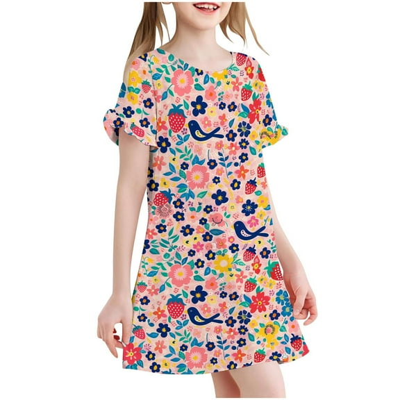 ZACPNCV Toddler Girls Ribbed Nightgown Cotton Pajamass Short Sleeve Sleep Shirt Cute Crewneck Sleepwear Comfy Nightwear Multicolor 7-8 Years