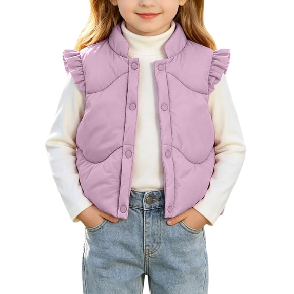 ZACPNCV Toddler Girls Ruffle Puffer Vest Stand Collar Button Sleeveless Padded Gilet Thick Warm Winter Cute Jackets Waistcoat,Purple
