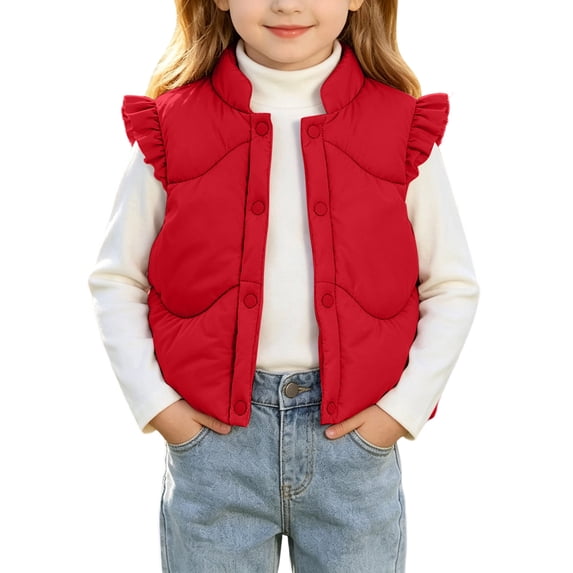 ZACPNCV Toddler Girls Ruffle Puffer Vest Stand Collar Button Sleeveless Padded Gilet Thick Warm Winter Cute Jackets Waistcoat,Red