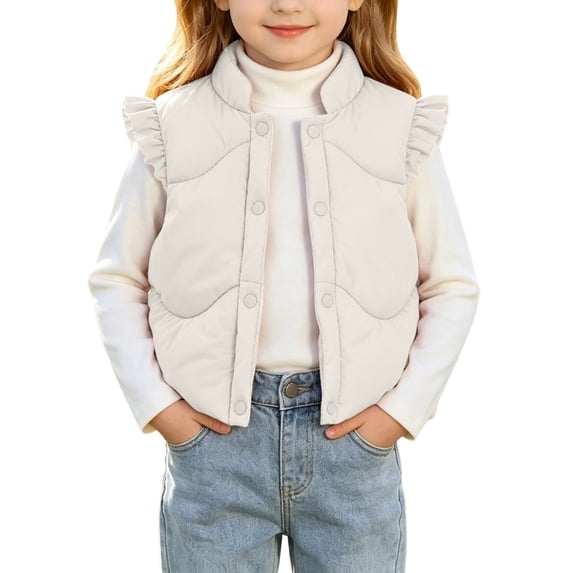 ZACPNCV Toddler Girls Ruffle Puffer Vest Stand Collar Button Sleeveless Padded Gilet Thick Warm Winter Cute Jackets Waistcoat,White