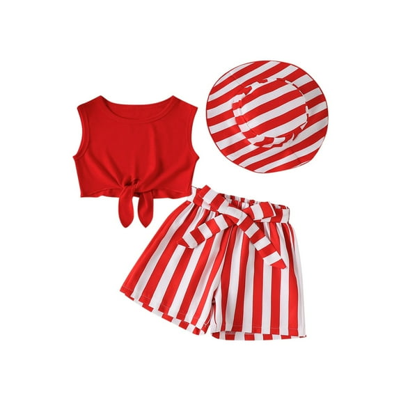 ZACPNCV Toddler Girls Summer Clothes Short Sleeve Tops and Shorts Set with Hats Cute Kids Outfits Red 3-4 Years