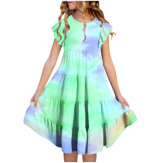 ZACPNCV Toddler Girls Summer Dresses Double Layer Flutter Sleeve Flowy A-Line Sundress Casual Tie-dye Midi Dresses 14-15 Years