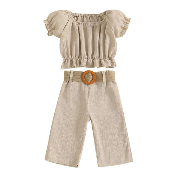 ZACPNCV Toddler Girls Summer Outfits 2 Piece Set Puff Sleeve Top and High Waist Pants with Belt Khaki 6-12 Months