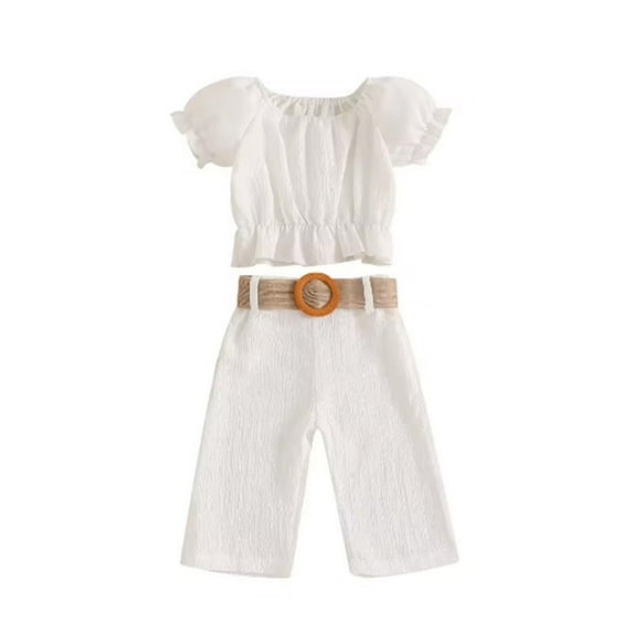 ZACPNCV Toddler Girls Summer Outfits 2 Piece Set Puff Sleeve Top and High Waist Pants with Belt White 6-12 Months