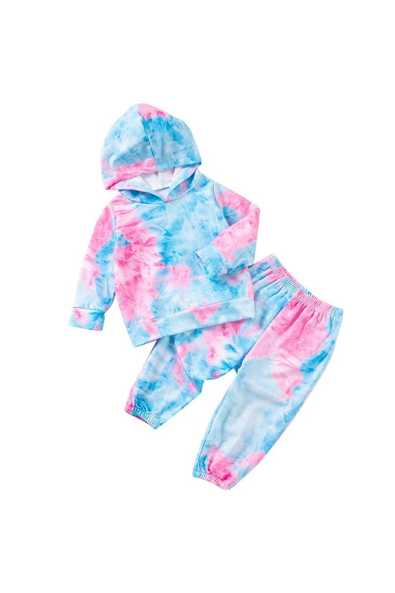 Toddler Girls Tie Dye Clothes Cute Outfits Casual Kids Sweatsuit Hoodie Sweatshirt Pants 2Pcs Fall Clothing Set Blue 2-3 Years