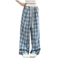 thumbnail image 1 of ZACPNCV Toddler Girls Wide Leg Pants Elastic Waist Gingham Pants Kids Loose Checkered Plaid Lace Bottoms Blue 8-9 Years, 1 of 5