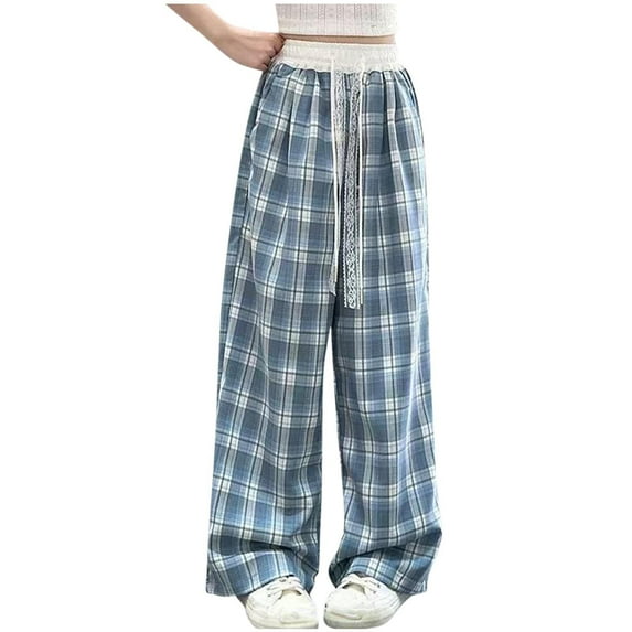 ZACPNCV Toddler Girls Wide Leg Pants Elastic Waist Gingham Pants Kids Loose Checkered Plaid Lace Bottoms Blue 8-9 Years