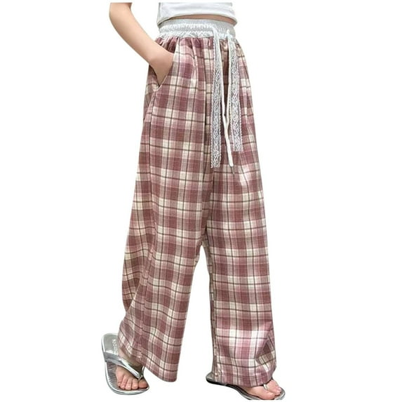 ZACPNCV Toddler Girls Wide Leg Pants Elastic Waist Gingham Pants Kids Loose Checkered Plaid Lace Bottoms Red 11-12 Years