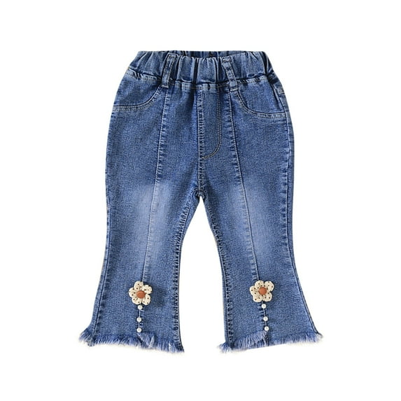ZACPNCV Toddler Kids Flare Jeans for Girls Casual Denim Pants Bottoms Junior High Waist Wide Ruffled Trousers Beige 1-2 Years