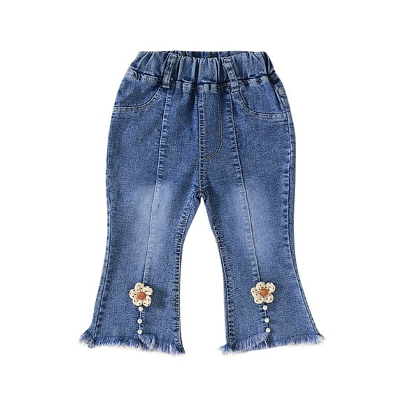 ZACPNCV Toddler Kids Flare Jeans for Girls Casual Denim Pants Bottoms Junior High Waist Wide Ruffled Trousers Beige 4-5 Years