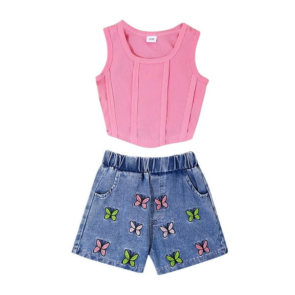 ZACPNCV Toddler Kids Girl Clothes Set Summer Outfits Solid Color Tank Tops and Elastic Waist Shorts 2PCS Casual Outfit 6-7 Years