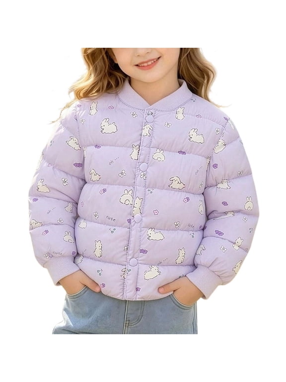 Toddler Kids Puffer Jacket Boys Girls Cartoon Print Lightweight Quilted Coat, Snap Button Stand Collar Warm Winter Outerwear Jacket,E-Purple