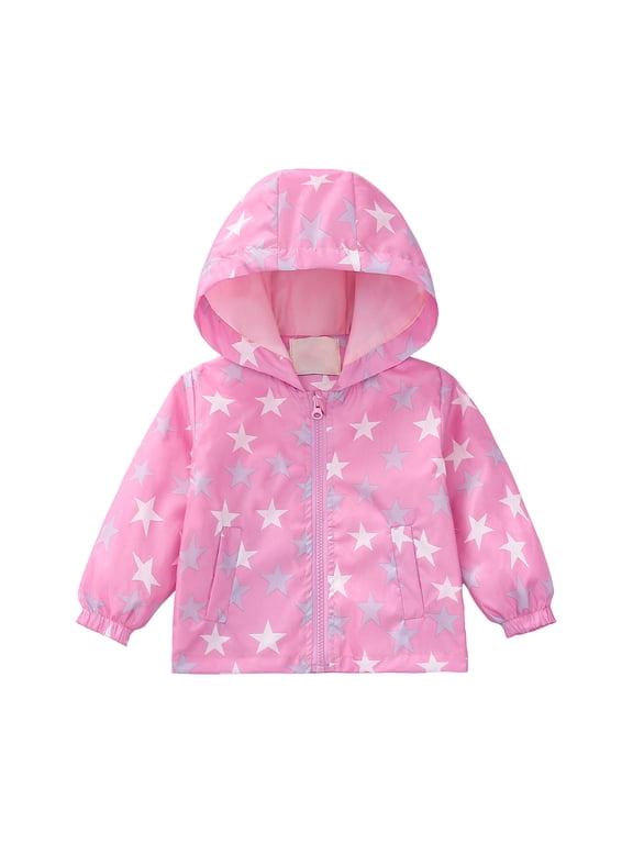 Toddler Kids Rain Jackets Lightweight Waterproof Printing Hooded Raincoats Full Zip Water Resistant Windbreakers for Boys Girls F-Pink