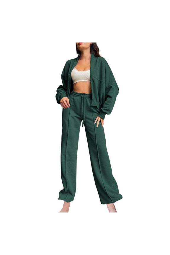 Women Fashionable Solid Color Zippered Cardigan Sweater Casual Straight Leg Pants Set Green