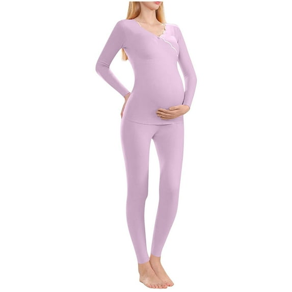 ZACPNCV Women Maternity Pajama Set Nursing Pjs Double Layer Long Sleeve Top & Pants Breastfeeding Pregnancy Set with Pockets Purple M