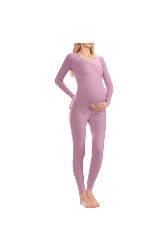 Women Maternity Pajama Set Nursing Pjs Double Layer Long Sleeve Top & Pants Breastfeeding Pregnancy Set with Pockets Watermelon Red M