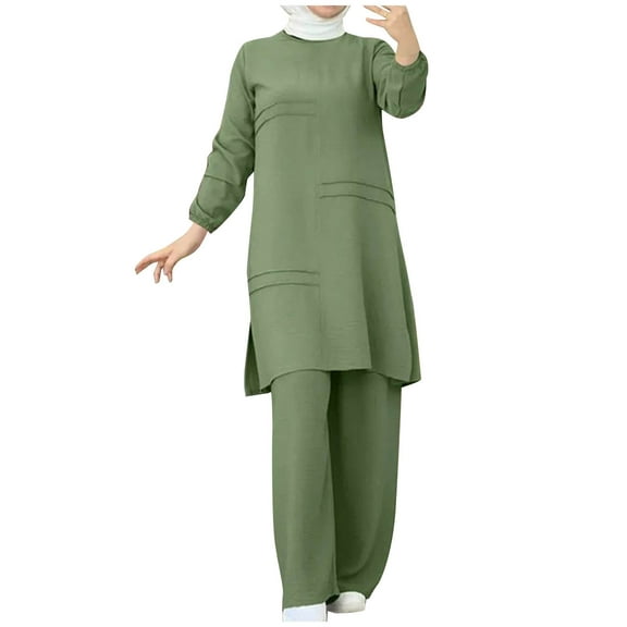 ZACPNCV Women Spring Solid Color Muslim Solid Color Long Sleeve Shirt Coat Wide Leg Trousers Casual Suit Green