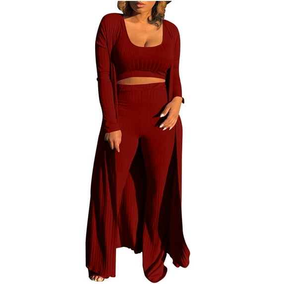 ZACPNCV Women's 3 Piece Casual Loose Long Sleeved Open Top Sleeveless Top Wide Leg Pants Sports Suit Burgundy