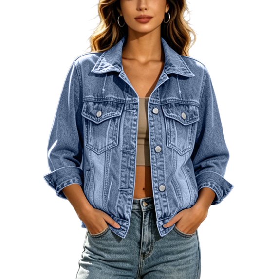 ZACPNCV Women's Cropped Denim Jacket Long Sleeve Button Front Jean Jacket Classic Trendy Lapel Collar Washed Denim Coat with Chest Flap Pockets Light Blue