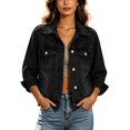 thumbnail image 1 of ZACPNCV Women's Cropped Denim Jacket Long Sleeve Button Front Jean Jacket Classic Trendy Lapel Collar Washed Denim Coat with Chest Flap Pockets Black, 1 of 9