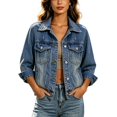 thumbnail image 1 of ZACPNCV Women's Cropped Denim Jacket Long Sleeve Button Front Jean Jacket Classic Trendy Lapel Collar Washed Denim Coat with Chest Flap Pockets Blue, 1 of 9
