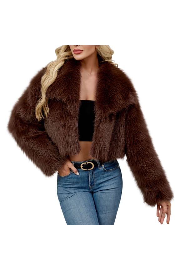 Women's Cropped Faux Fur Jacket with Hidden Pockets and Buttons Plush Shawl Collar Cardigan Coat