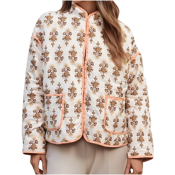 ZACPNCV Women's Cropped Puffer Quilted Jacket Vintage Floral Print Open Front Lightweight Short Jacket Outwear