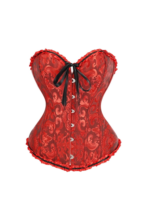 Women's Lace Up Corset Boned Floral Overbust Lingerie Bustier Bodyshaper Top