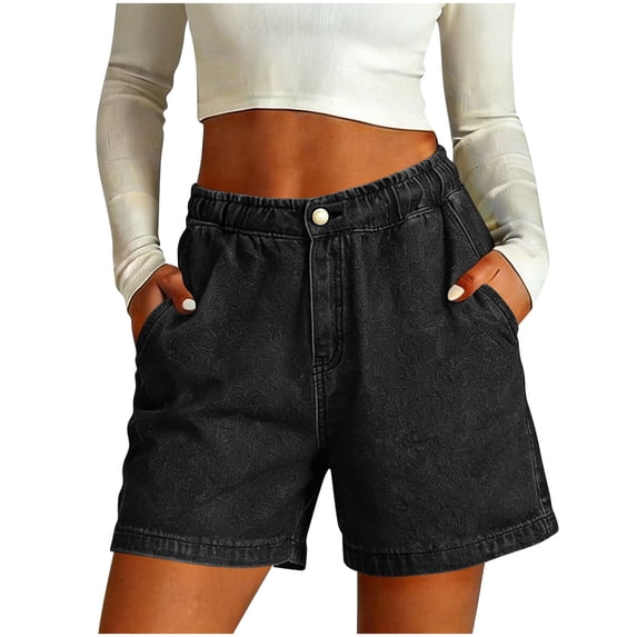 ZACPNCV Women's Loose Elastic Waist Denim Shorts High Rise Rolled Hem 5-Pocket Casual Bermuda Jeans for Summer Travel