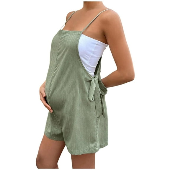 ZACPNCV Women's Maternity Overalls Shorts Pregnancy Casual Sleeveless Jumpsuits Romper with Pocket Green M