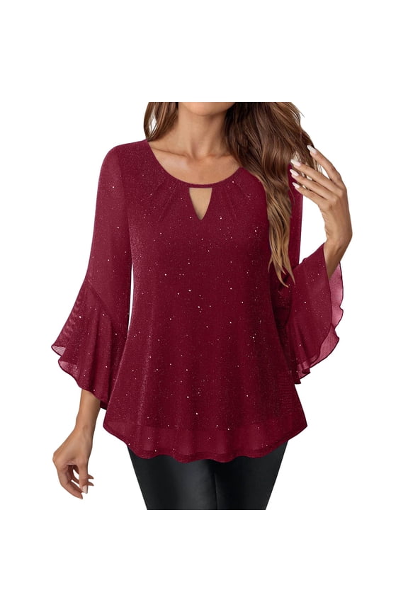 Women's Ruffle 3/4 Sleeve Elegant Dressy Blouses Crew Neck Double Layers Mesh Tunic Tops Burgundy 2XL
