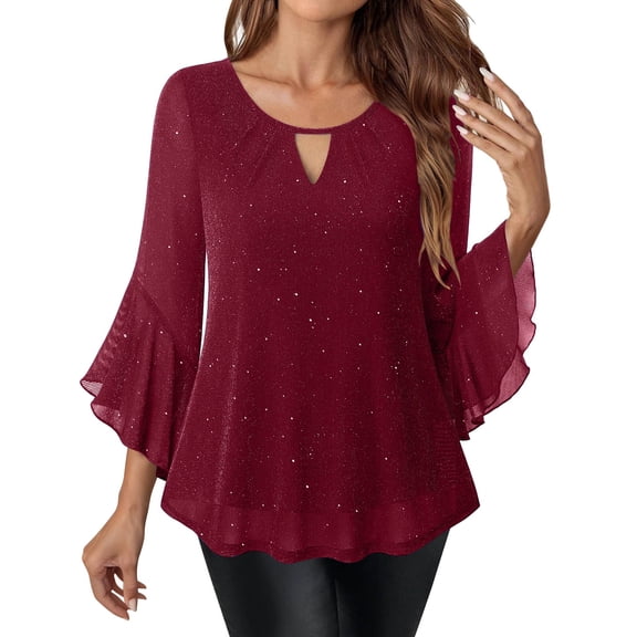 ZACPNCV Women's Ruffle 3/4 Sleeve Elegant Dressy Blouses Crew Neck Double Layers Mesh Tunic Tops Burgundy L