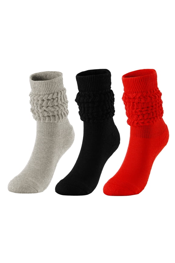 Women's Scrunch Crew Socks Retro 3-Pack Solid Cotton Boot Calf Chunky Ribbed Cozy Slouchy Socks