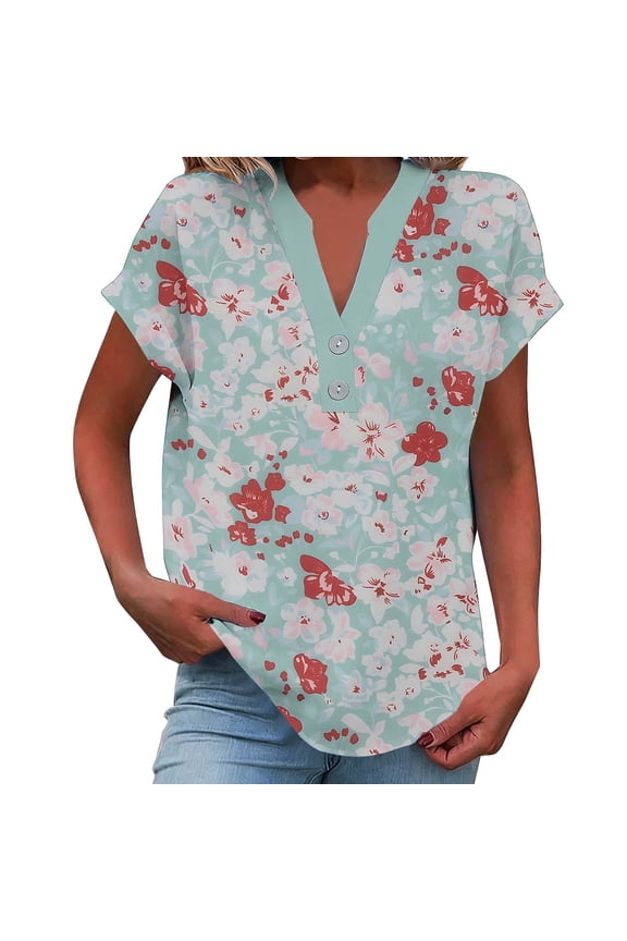 Womens Abstract All Over Print Short Sleeve Linen Look Button Front V Neck Blouse Casual Comfortable House Dress Top