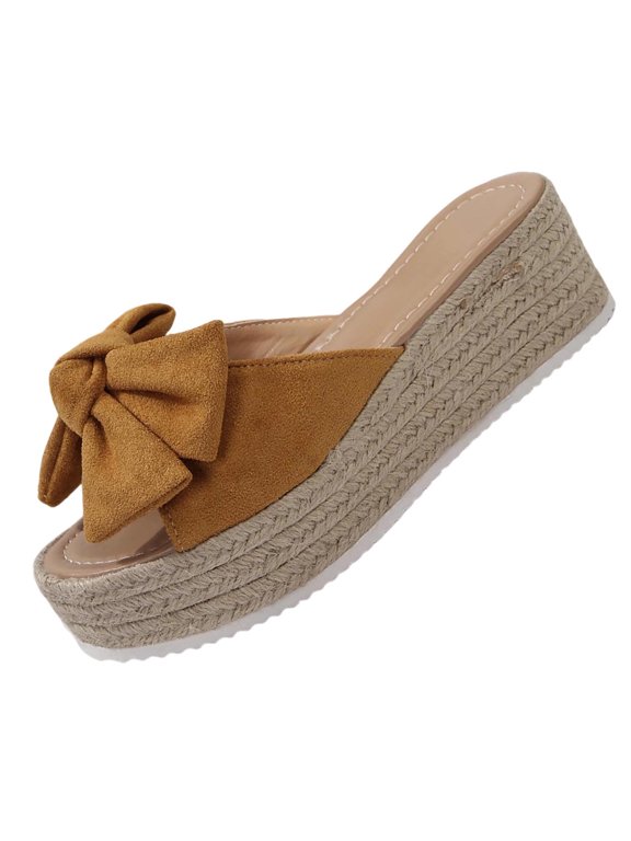 Womens Bow Jute Platform Wedge Sandals Solid One Band Open Toe Beach Espadrilles Summer Casual Flip Flops