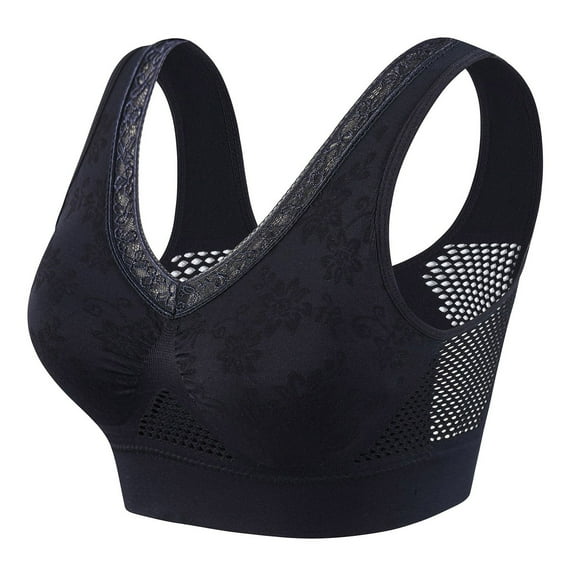 ZACPNCV Womens Bra No Underwire Seamless Wireless Bra with Soft Support V Neck Mesh Bras Lace Bralette Everyday Bra Black XL