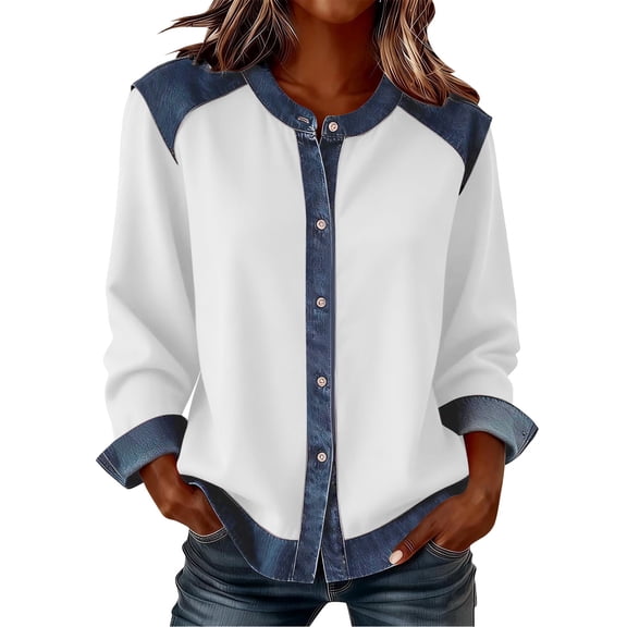 ZACPNCV Womens Casual Button Cardigan Long Sleeve Solid Color with Denim Accent Round Neck for Layering